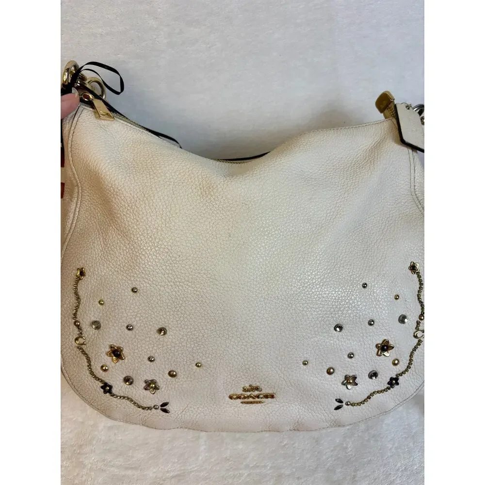 Authentic Coach Cream Leather Stardust Crystal Rivet Elle Hobo Shoulder Bag